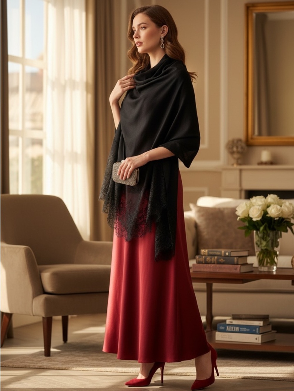 La Fiorentina Grande Wrap: Silk, Wool, & Inset Chantilly Lace
